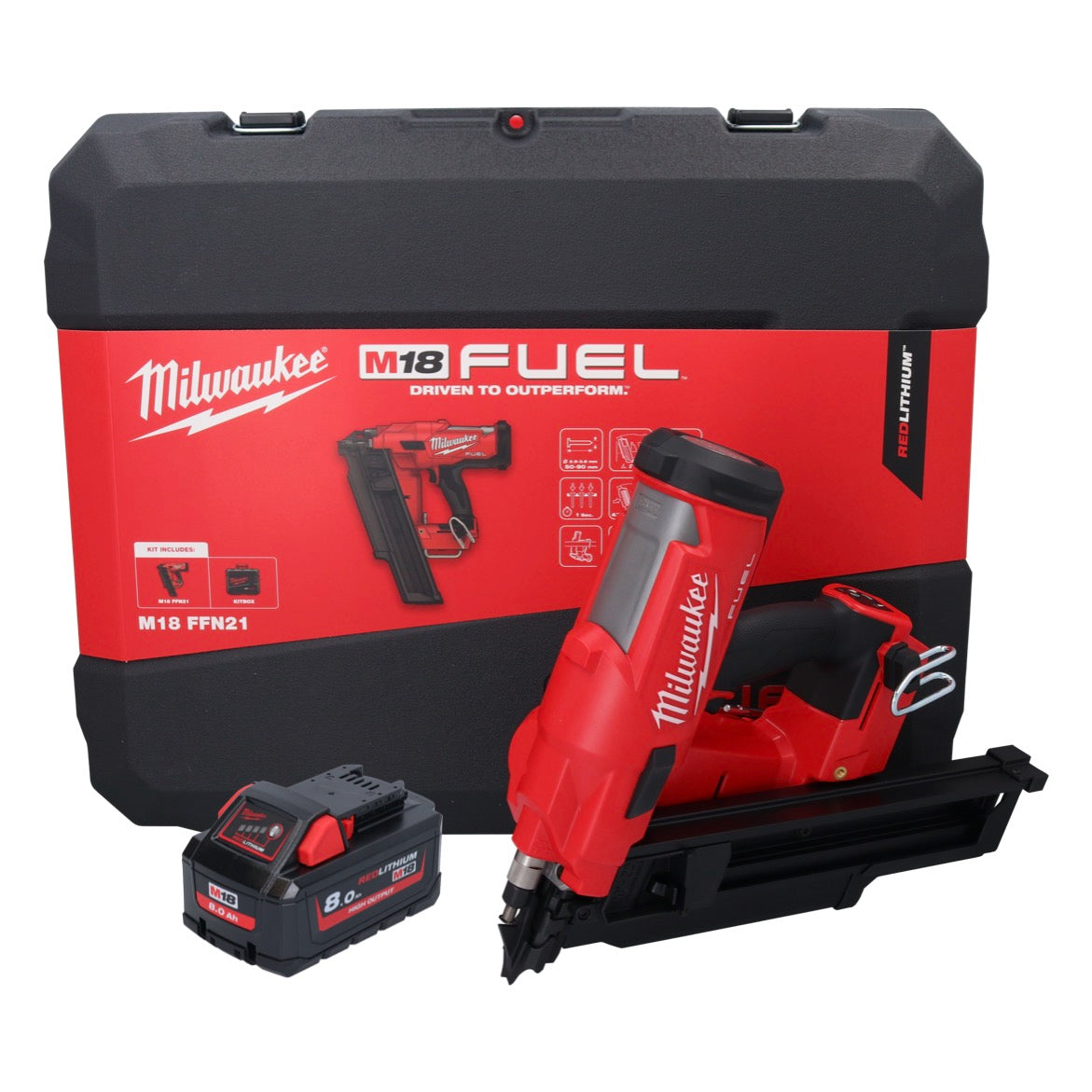 Cloueur à batterie Milwaukee M18 FFN21-801C 18 V 50 - 90 mm sans balais + 1x batterie 8,0 Ah + coffret - sans chargeur