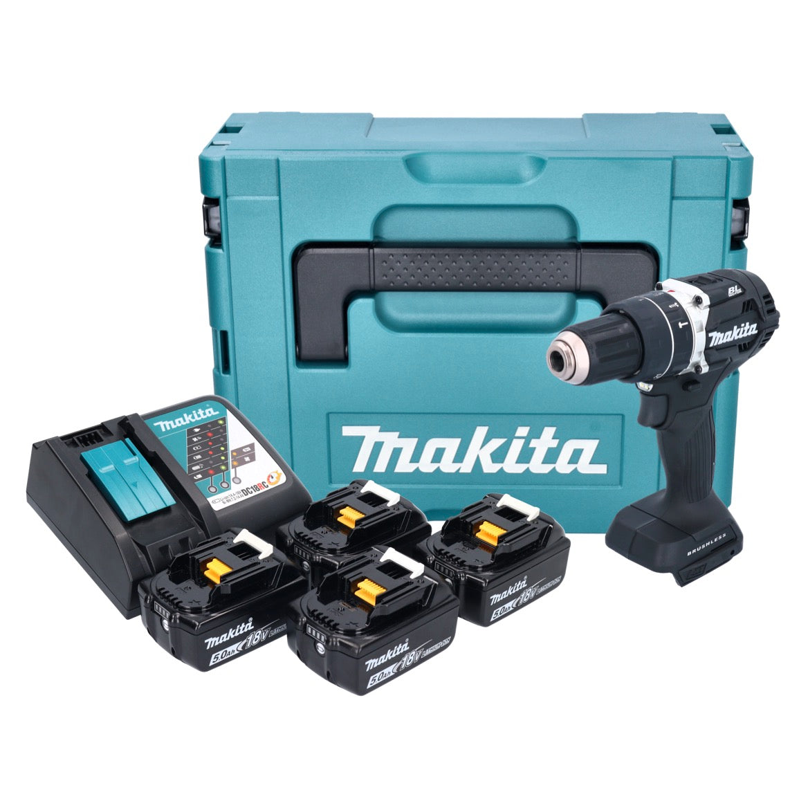 Makita DHP 484 T4JB perceuse à percussion sans fil 18 V 54 Nm sans balais noir + 4x batteries 5,0 Ah + chargeur + Makpac