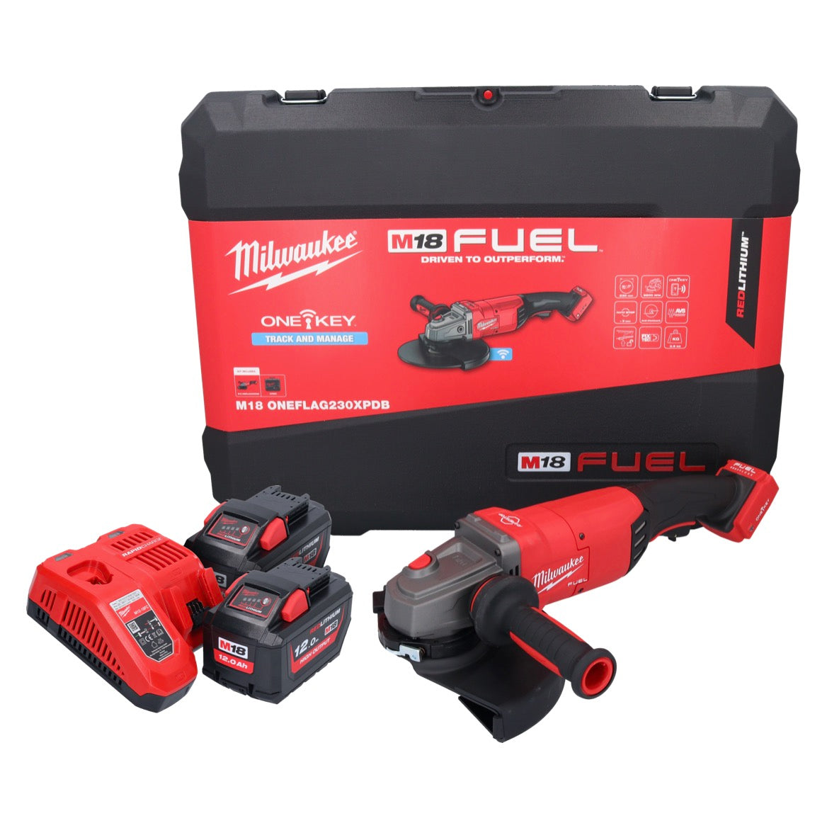 Meuleuse d'angle sur batterie Milwaukee M18 ONEFLAG230XPDB-122C 18 V 230 mm (4933478783) brushless + 2x batterie 12 Ah + chargeur + boîtier HD