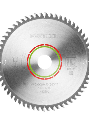 Lame de scie circulaire Festool HW 210x2,4x30 TF60 STRATIFIÉ/HPL (493200) 210 x 2,4 x 30 mm 60 dents pour stratifiés, panneaux enduits, verre acrylique, panneaux en résine mélamine et matériaux à surface solide