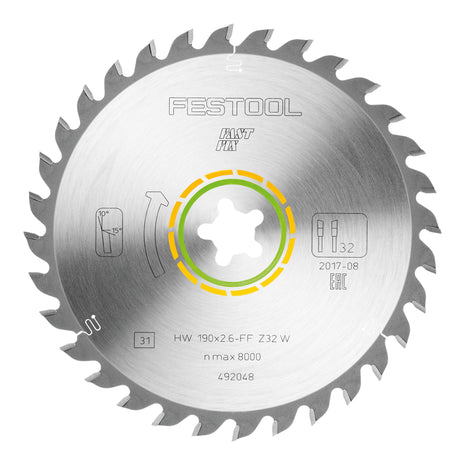 Festool HW 190x2,6 FF W32 Kreissägeblatt WOOD UNIVERSAL ( 492048 ) 190 x 2,6 mm 32 Zähne für alle Hölzer, Holzwerkstoffe, Baustoffplatten, Gipsfaserplatten, weiches Kunststoff