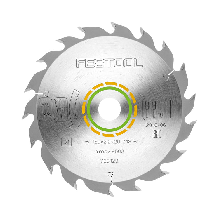 Festool HW 160x2,2x20 Lame de scie circulaire W18 WOOD STANDARD (768129) 160 x 2,2 x 20 mm 18 dents pour tous matériaux bois, bois massif, plaques de plâtre