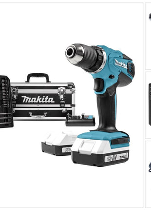 Taladro atornillador inalámbrico Makita DF 457 DWEX2 18 V 42 Nm Serie G + 2 baterías 1,5 Ah + cargador + set de accesorios 70 piezas + maletín