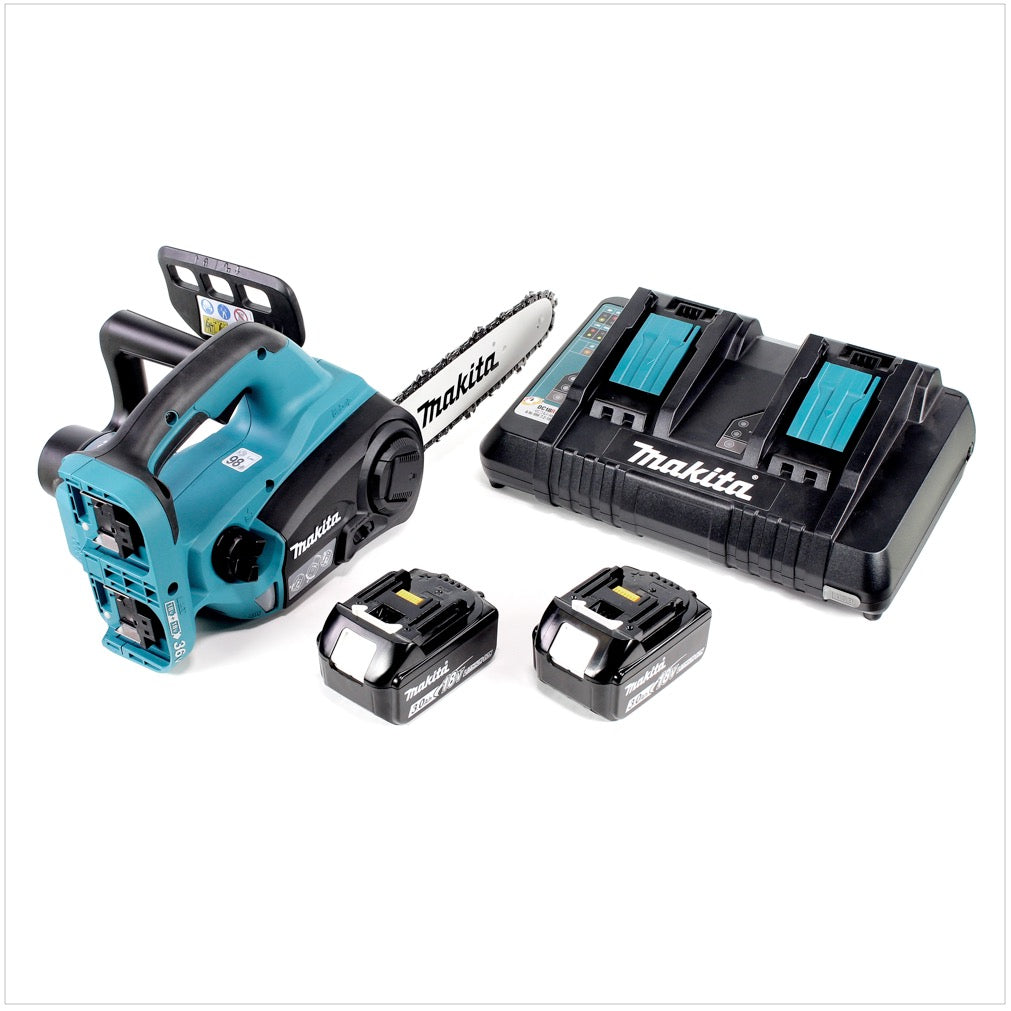 Makita DUC 252 PF2 Akku Kettensäge 36V ( 2x18V ) 25 cm + 2x 3,0 Ah Akku + Doppelladegerät - Toolbrothers