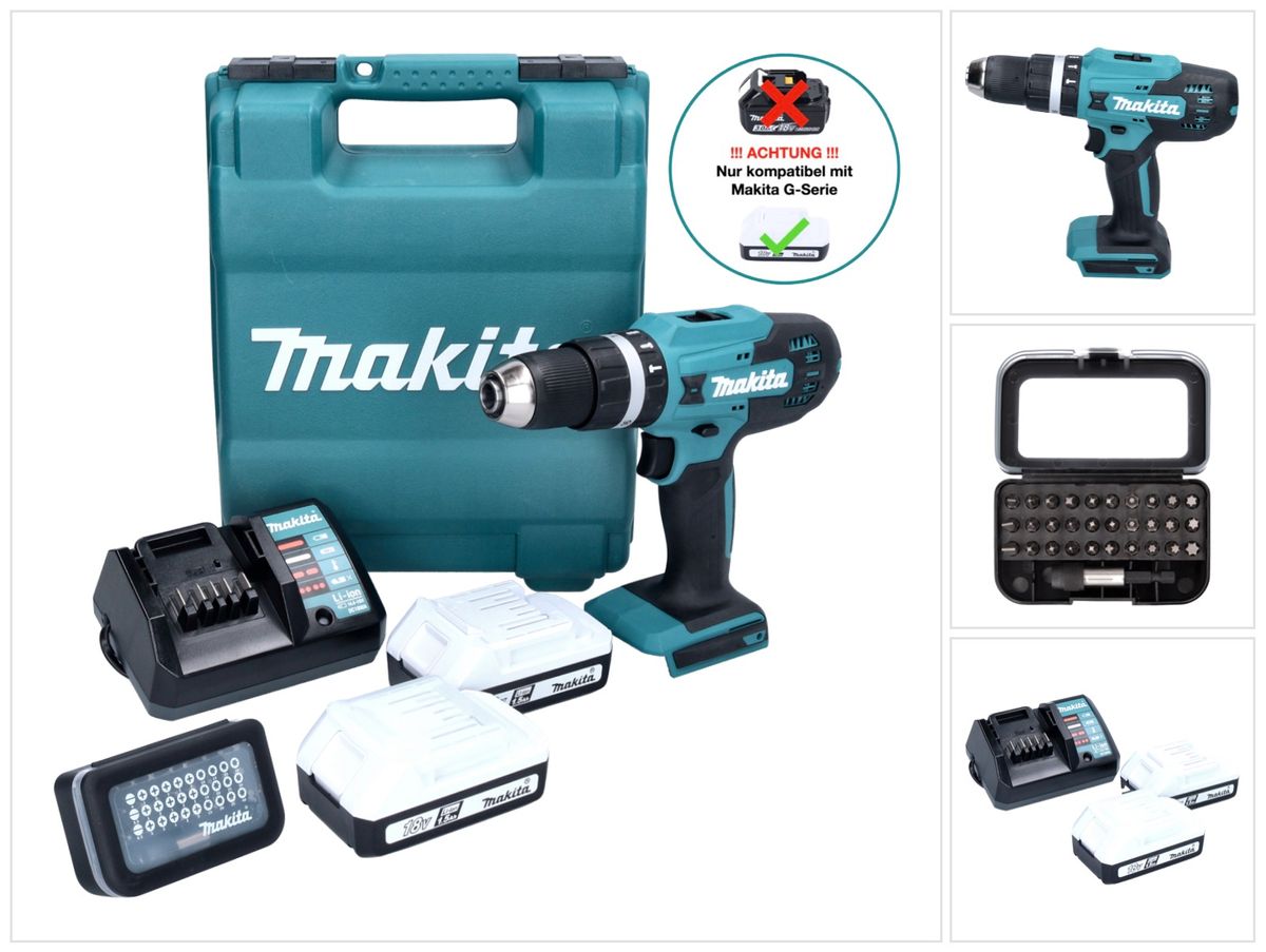 Makita HP 488 D011 perceuse à percussion sans fil 18 V 42 Nm série G + 2 batteries 1,5 Ah + chargeur + jeu d'embouts 31 pièces + mallette