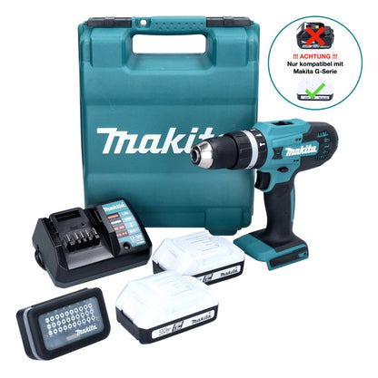 Makita HP 488 D011 perceuse à percussion sans fil 18 V 42 Nm série G + 2 batteries 1,5 Ah + chargeur + jeu d'embouts 31 pièces + mallette