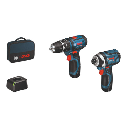 Bosch 12 V Set GSB 12V-15 Akku Schlagbohrschrauber + GDR 12V-105 Akku Drehschlagschrauber ( 06019A6979 ) + 2x Akku 2,0 Ah + Ladegerät + Tasche