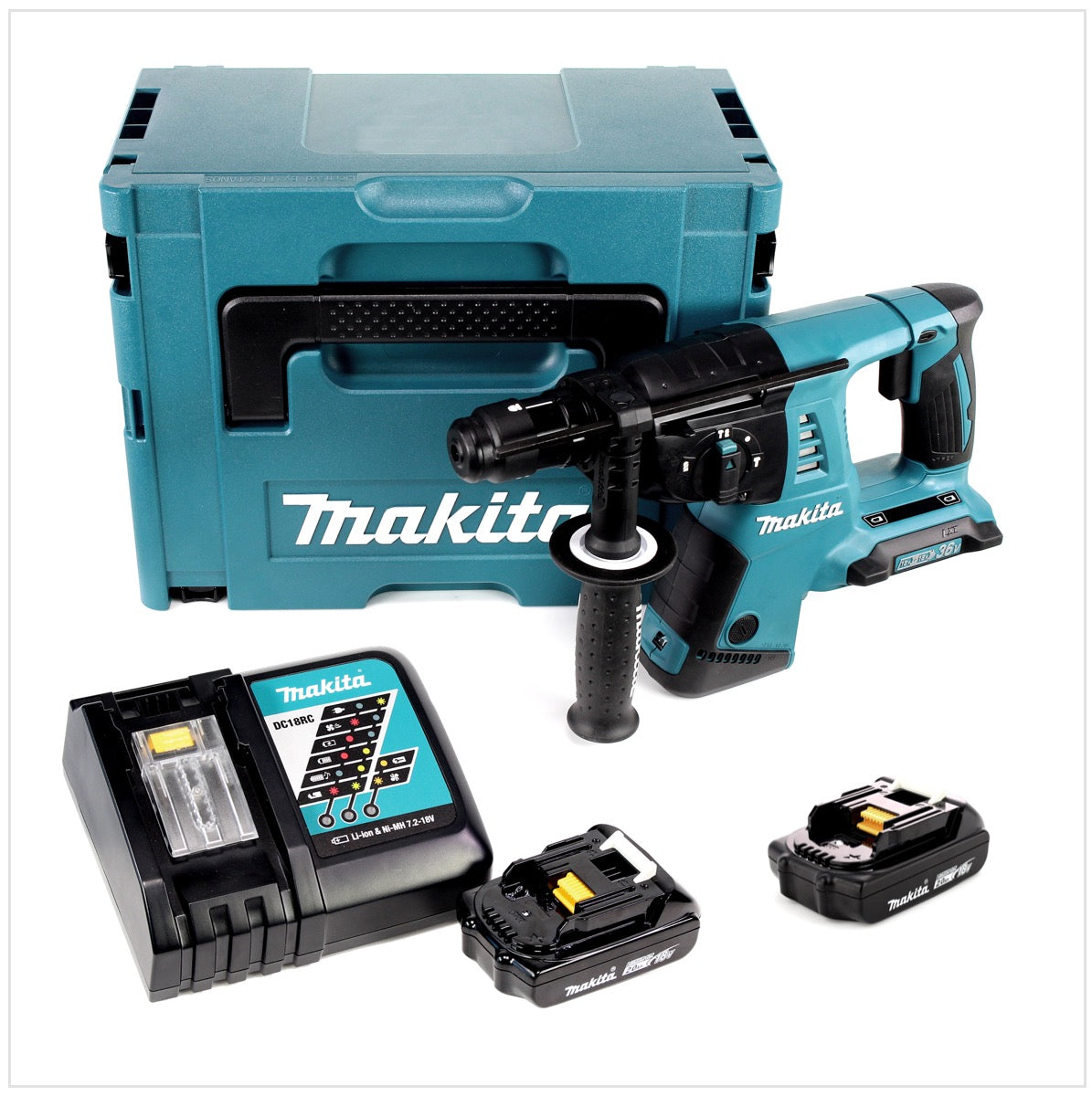 Makita DHR 264 RAJ Akku Bohrhammer 36 V ( 2x 18 V ) 3,0 J SDS Plus  + 2x Akku 2,0 Ah + Ladegerät + Makpac - Toolbrothers