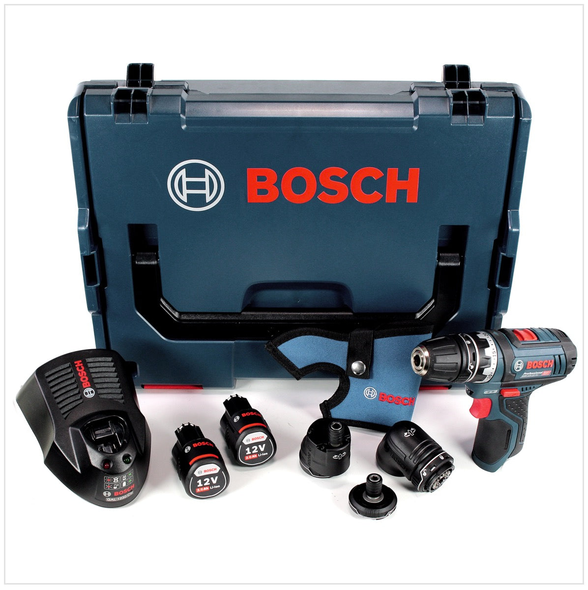 Bosch GSR 12V-15 FC Professional FlexiClick Akku Bohrschrauber mit 2 x 2 Ah Akkus + Lader + 3 tlg. Aufsätze - Set in L-Boxx ( 06019F6000 ) - Toolbrothers