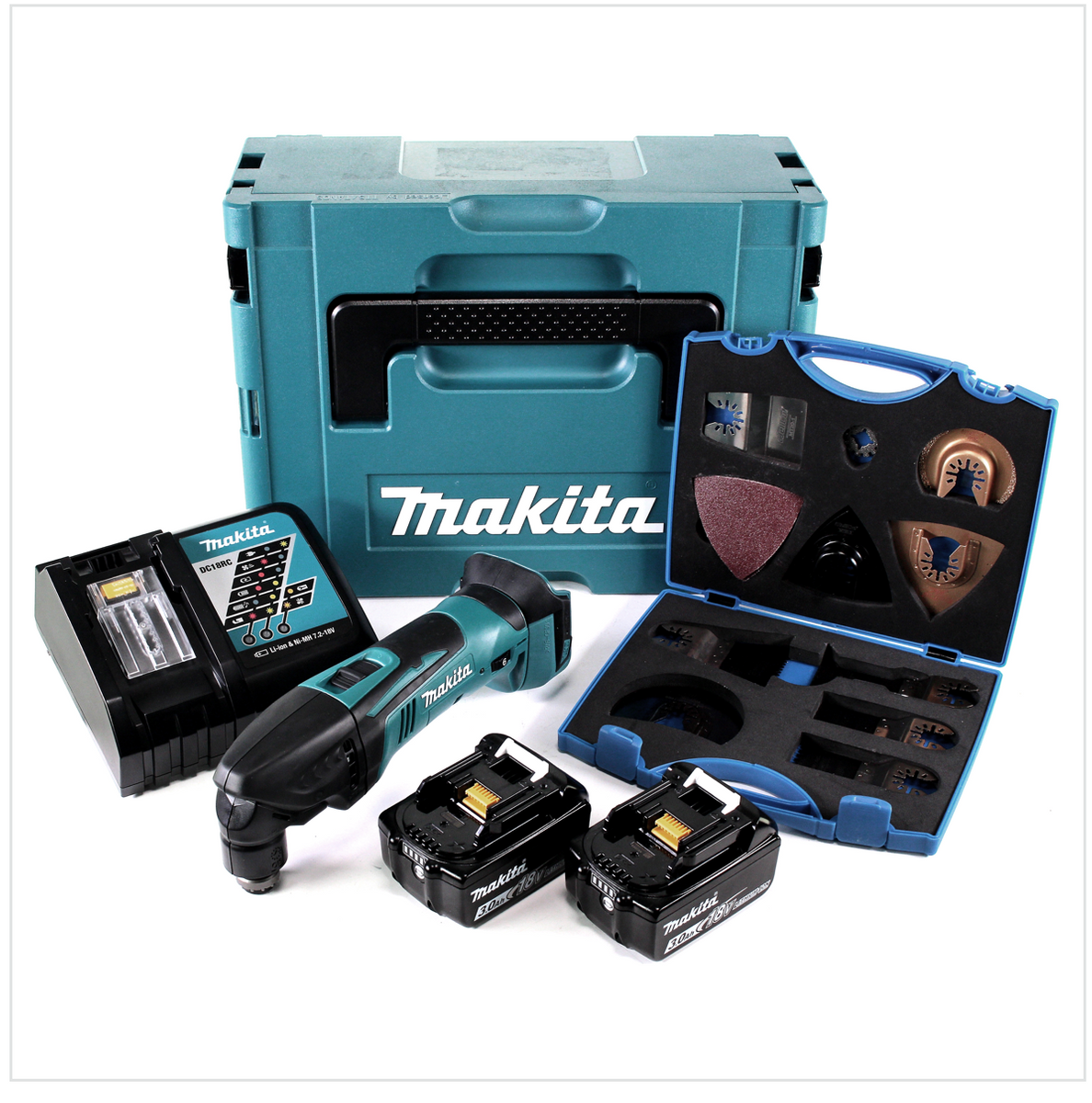 Makita DTM 50 RFJ 18V Li-Ion Akku Multifunktionswerkzeug im Makpac + 2x 3,0 Ah Akku + 1x Ladegerät + WellCut MT-20 Klingen Set - Toolbrothers