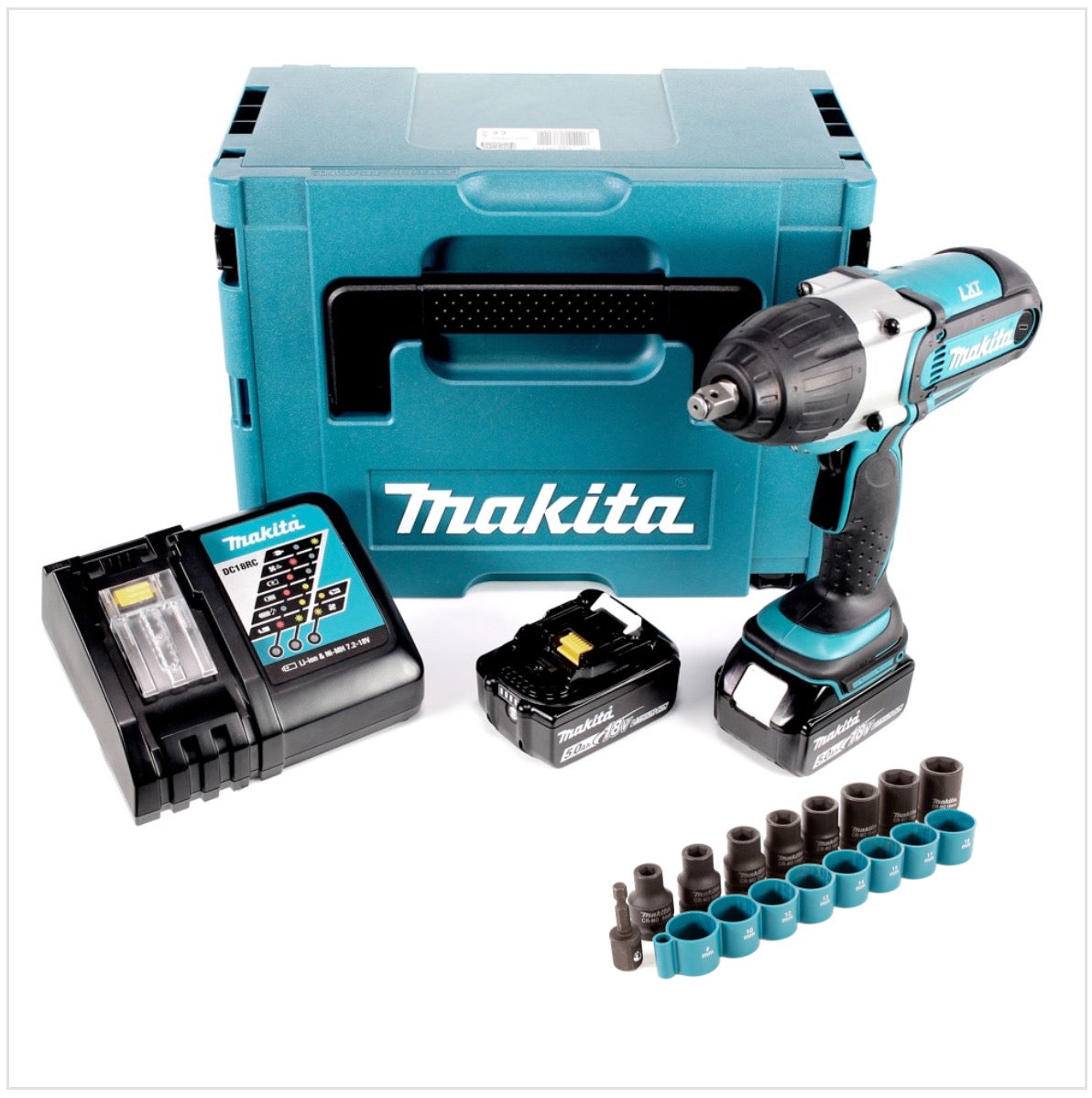 Makita DTW 450 RTJ 18V Li-ion Akku-Schlagschrauber im Makpac + 2 x BL 1850 B 5,0 Ah Akku + DC 18 RC Schnellladegerät + Makita B-54645 1/2" Zoll Steckschlüssel Satz 9-tlg. - Toolbrothers