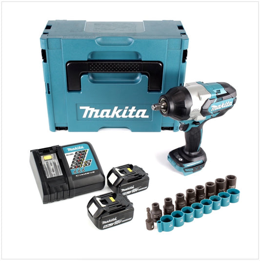 Makita DTW 1002 RTJ Akku Schlagschrauber 1/2“ 18V 1000Nm Brushless + 2x Akku 5,0Ah + Ladegerät + 9tlg. Steckschlüssel Set + Makpac - Toolbrothers