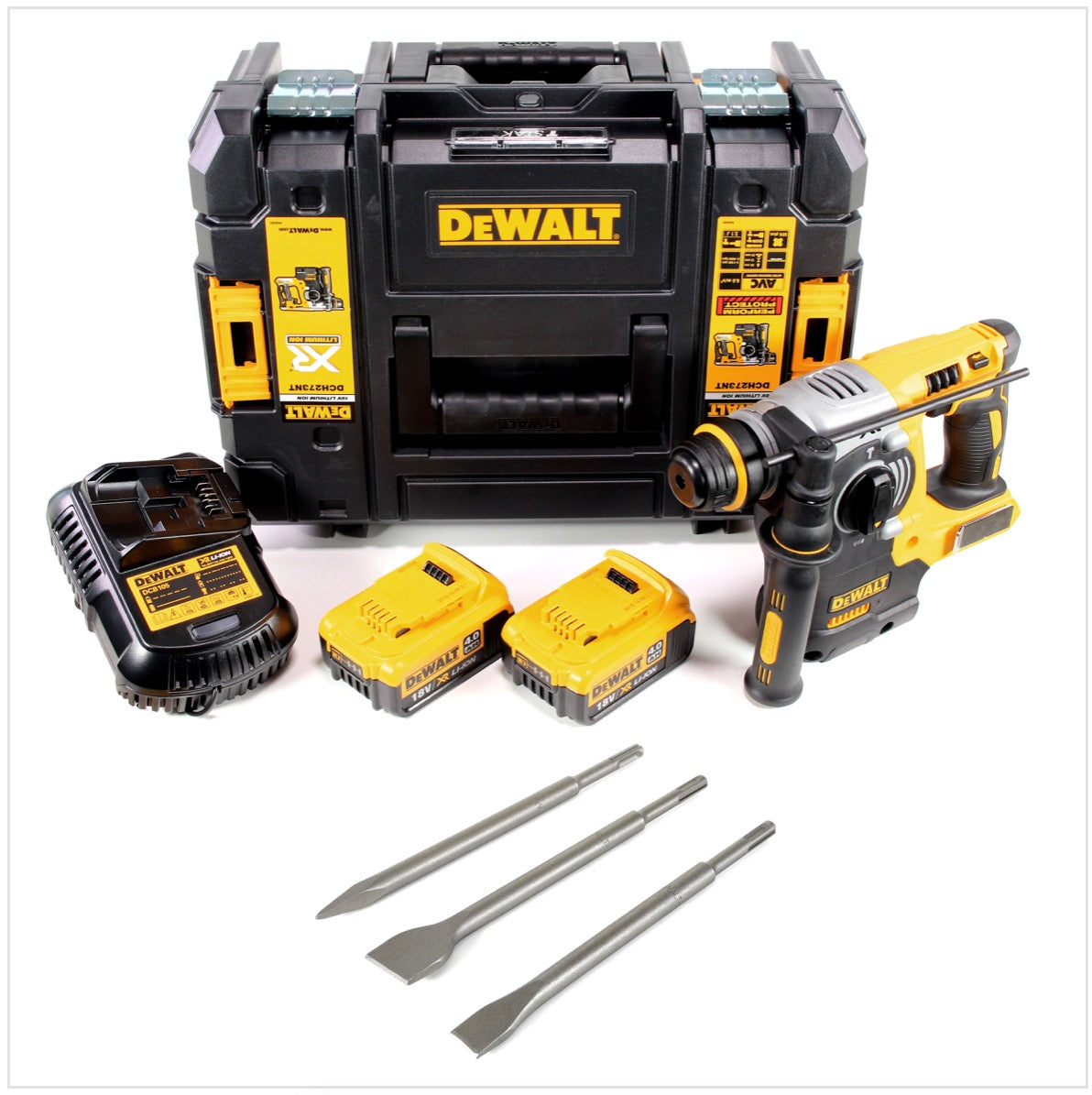 DeWalt DCH 273 M2 Akku Kombihammer 18V 2,1J SDS-Plus Brushless + 2x Akku 4,0Ah + Ladegerät + TSTAK + 3x Meißel - Toolbrothers