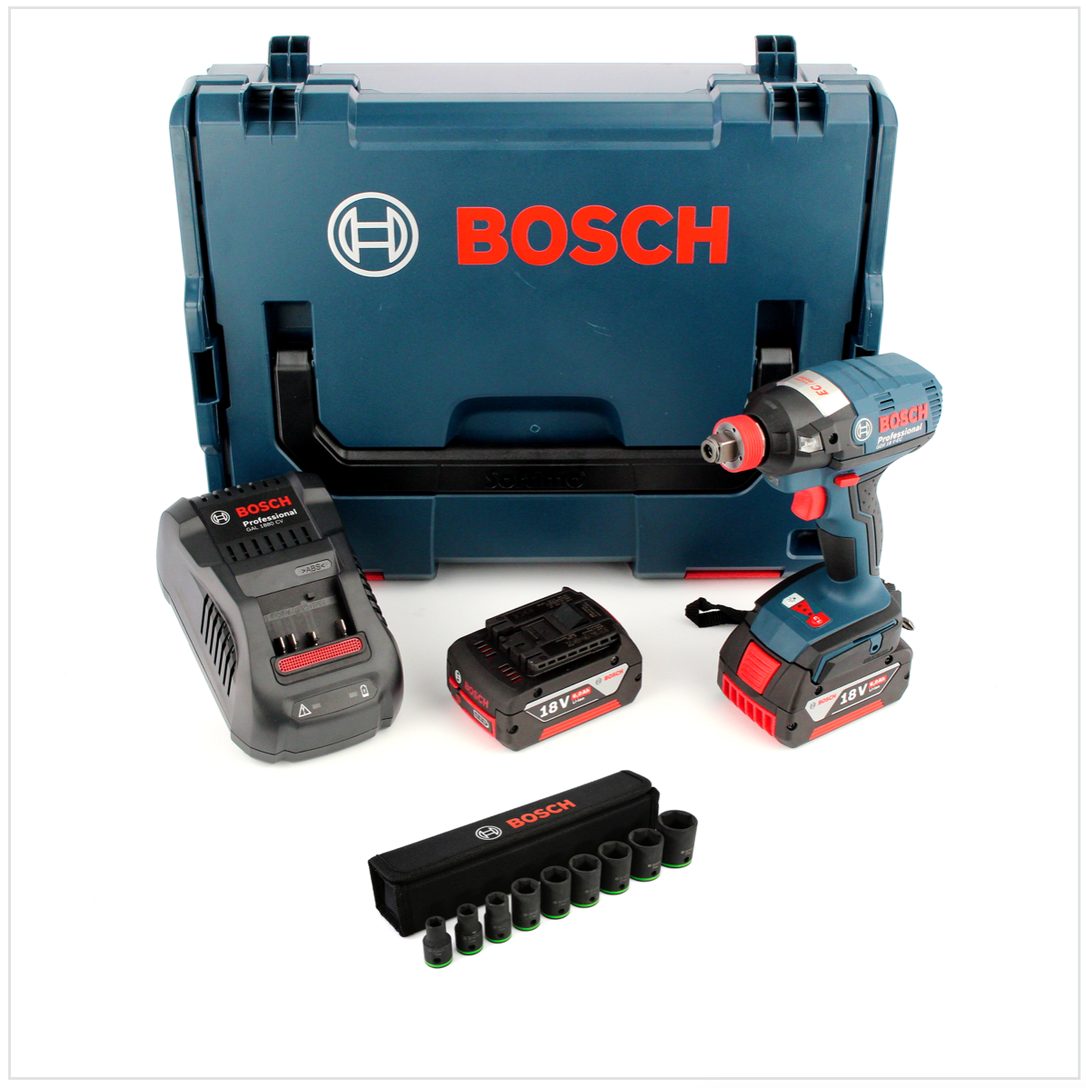 Bosch GDX 18 V-EC Professional 18 V Akku Drehschlagschrauber in L-Boxx + Schnellladegerät + 2x GBA 6 Ah Akku + 1/2" Steckschlüssel Einsatz 9-tlg. - Toolbrothers