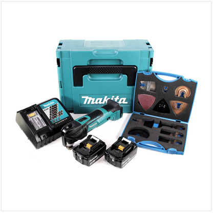 Makita DTM 51 RFJ 18V Li-Ion Akku Multifunktionswerkzeug im Makpac + 2x 3,0 Ah Li-Ion Akkus + Akku Schnellladegerät + Wellcut MT-20 Sägeblätter Klingen - Toolbrothers