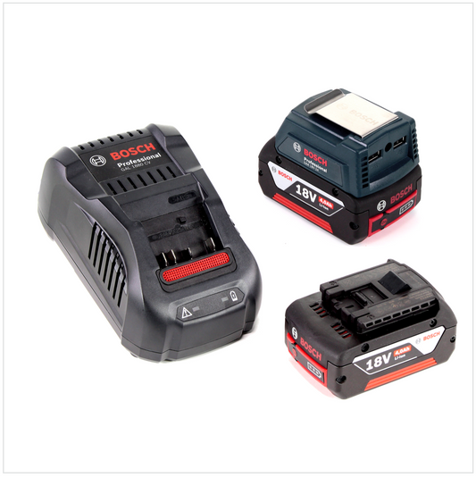 Bosch USB Power Set 18 V mit GAA Professional USB Adapter für 14,4 V / 18 V Akkus + 2x GBA 18V 4,0 Ah Li-Ion Einschub Akku + 1x Schnell Ladegerät GAL 1880 CV - Toolbrothers