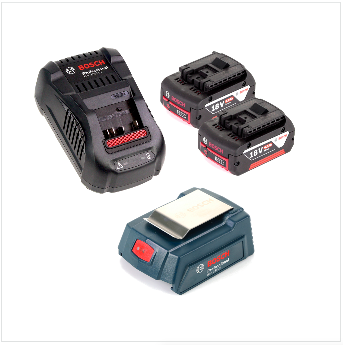 Bosch USB Power Set 18 V mit GAA Professional USB Adapter für 14,4 V / 18 V Akkus + 2x GBA 18V 6,0 Ah Li-Ion Einschub Akku + 1x Schnell Ladegerät GAL 1880 CV - Toolbrothers