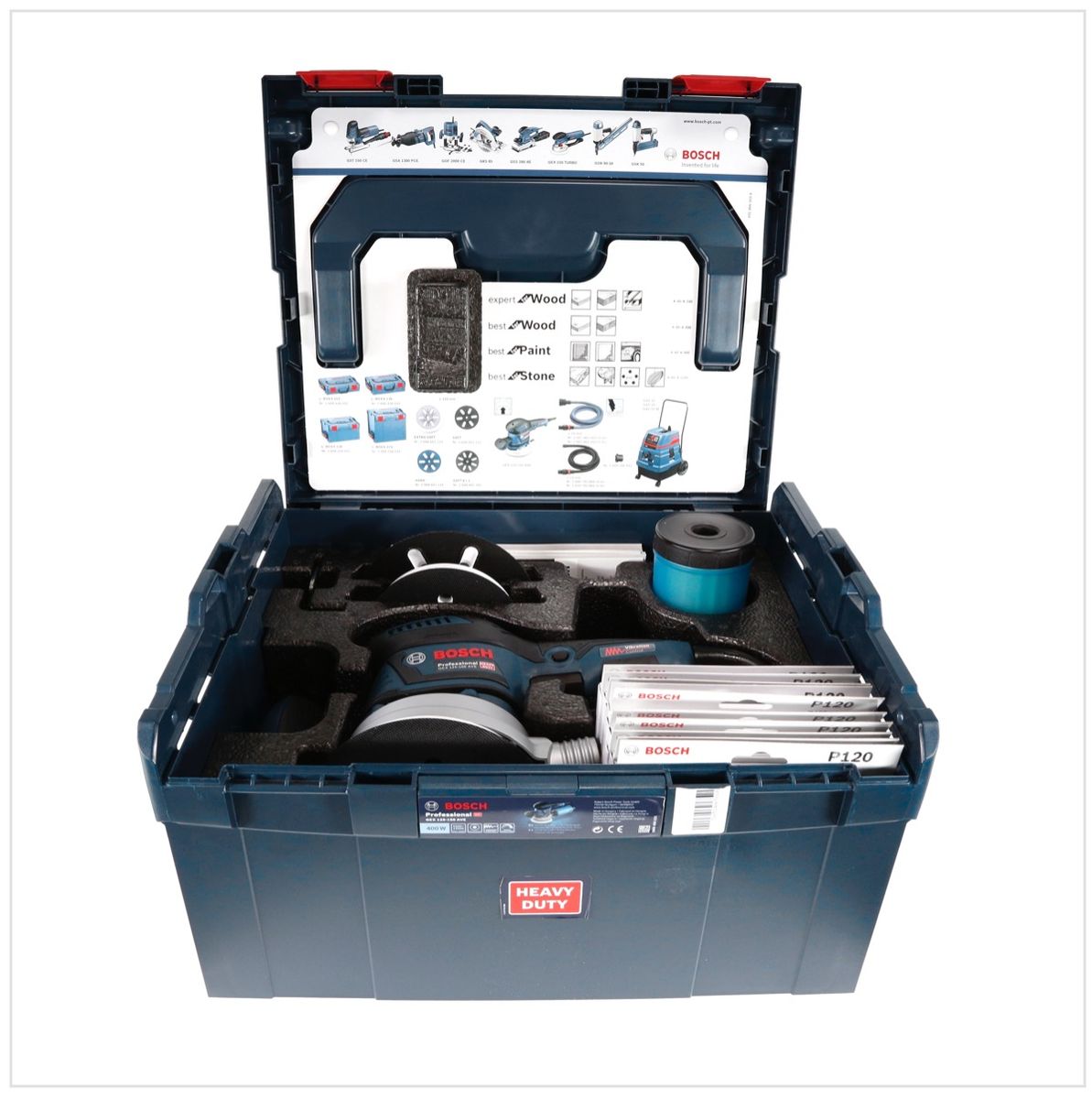 Bosch GEX 125 - 150 AVE Professional 400 W Exzenterschleifer in L-Boxx mit 50x C470 Best for Wood and Paint Schleifblatt + Zubehör ( 060137B103 ) - Toolbrothers