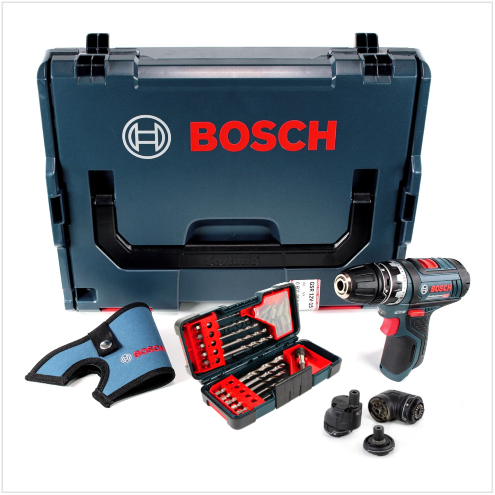 Bosch GSR 12V-15 FC Professional FlexiClick Akku Bohrschrauber mit 3 tlg. Aufsätze - Set in L-Boxx + Bosch Bit & Bohrer Set in Tough Box 23 tlg. Bohren & Schrauben ( 2607019912 ) - Toolbrothers