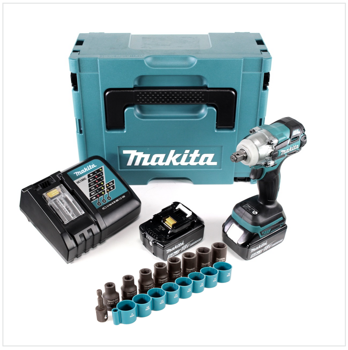 Makita DTW 285 RTJ Akku Schlagschrauber 18 V 280 Nm 1/2 " Brushless + 2x Akku 5,0 Ah + Ladegerät + Steckschlüssel Set + Makpac - Toolbrothers