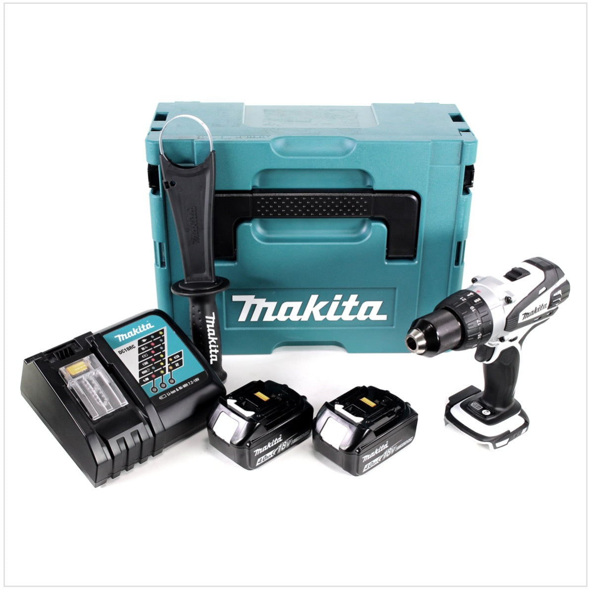 Makita DDF 458 W RMJ 18 V Akku Bohrschrauber 91 Nm in weiß im Makpac mit 2x 4,0 Ah Akku und Ladegerät - Toolbrothers