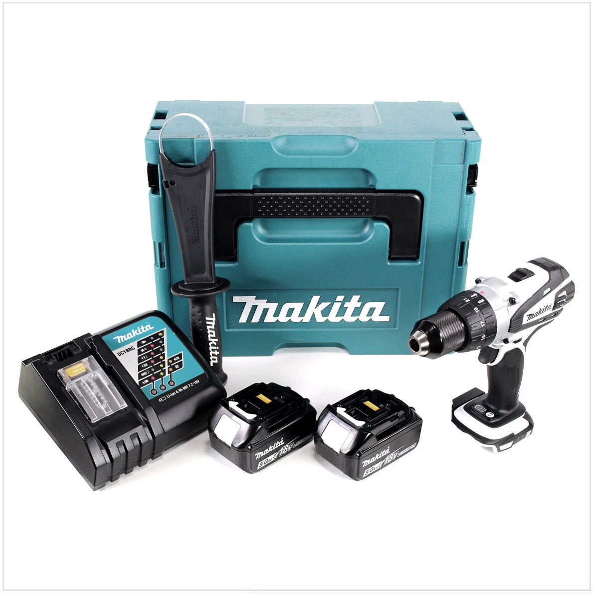 Makita DDF 458 W RTJ 18 V Akku Bohrschrauber 91 Nm in weiß im Makpac mit 2x BL1850 B 5,0 Ah Akku und DC18RC Ladegerät - Toolbrothers