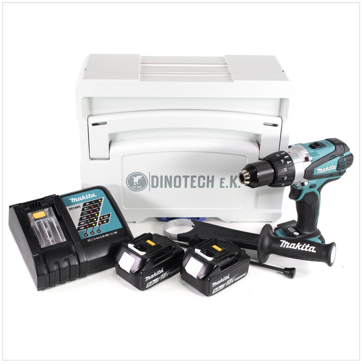 Makita DHP 458 RTJ Akku Schlagbohrschrauber 18 V 91Nm im Tanos Systainer® + 2x 5,0 Ah Akku + Ladegerät - Toolbrothers