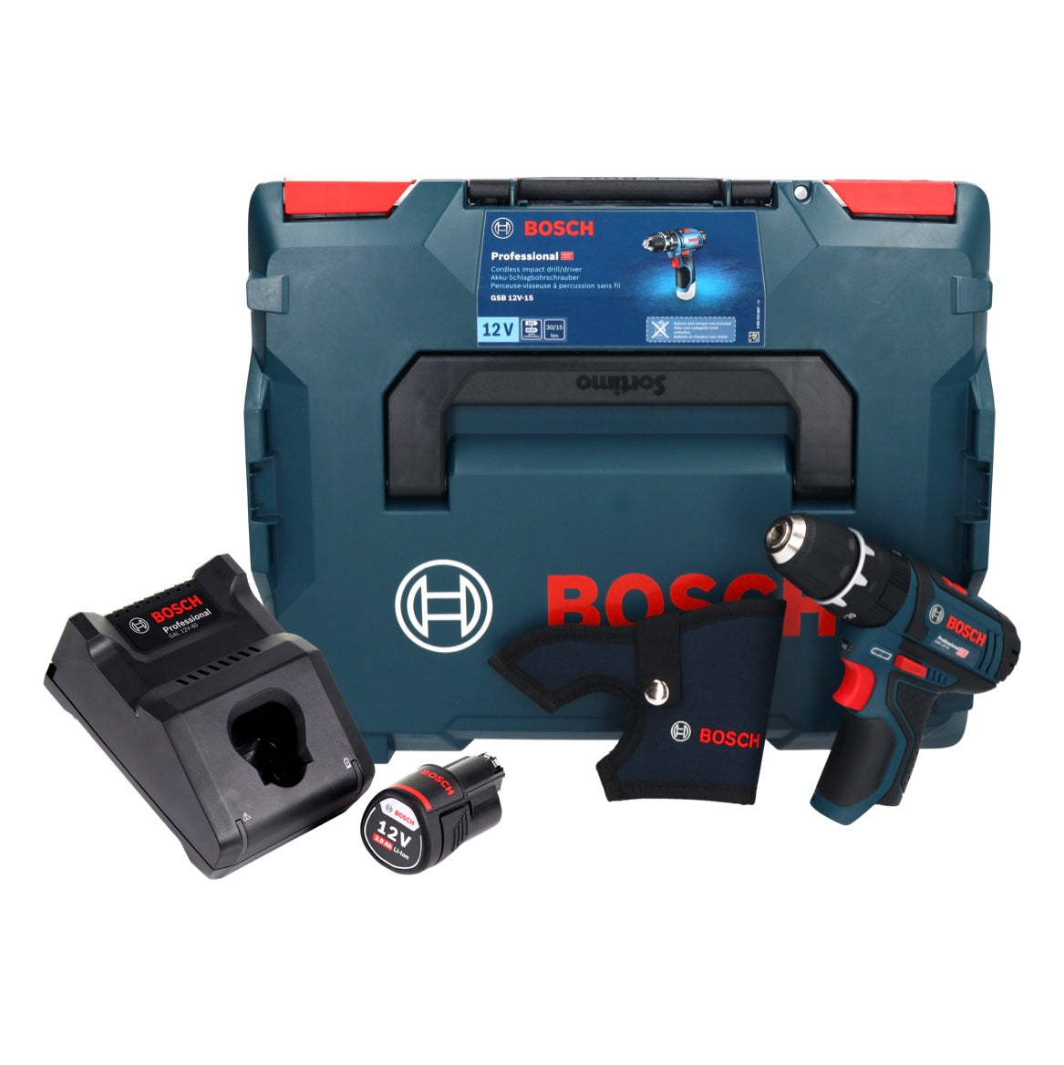 Bosch GSB 12V-15 Professional Akku Schlagbohrschrauber 12 V 30 Nm + 1x Akku 3,0 Ah + Ladegerät + L-Boxx - Toolbrothers