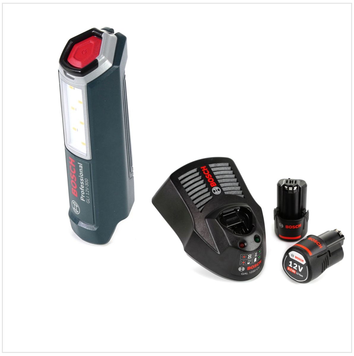 Bosch Professional GLI 12V-300 Akku Lampe + 2x GBA 12V 2,0 Ah Akku + GAL 1230 Ladegerät - Toolbrothers