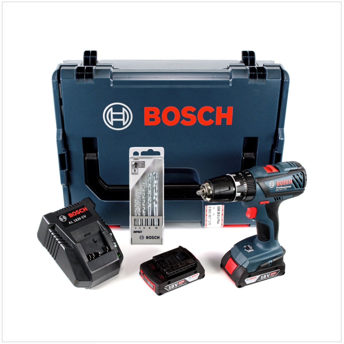 Bosch GSB 18-2-Li Plus Professional Akku Schlagbohrschrauber mit 2 x 2 Ah Akkus + Ladegerät + L-BOXX + Bosch 5 tlg. Steinbohrer Set Impact 4 - 10 mm - Toolbrothers