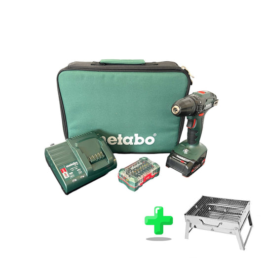 Metabo BS 18 Akku Bohrschrauber Set 18 V 48 Nm ( 602207580 ) + 1x Akku 2,0 Ah + Ladegerät + Bitbox + Tasche + Toolbrothers Outdoor Holzkohle-Grill