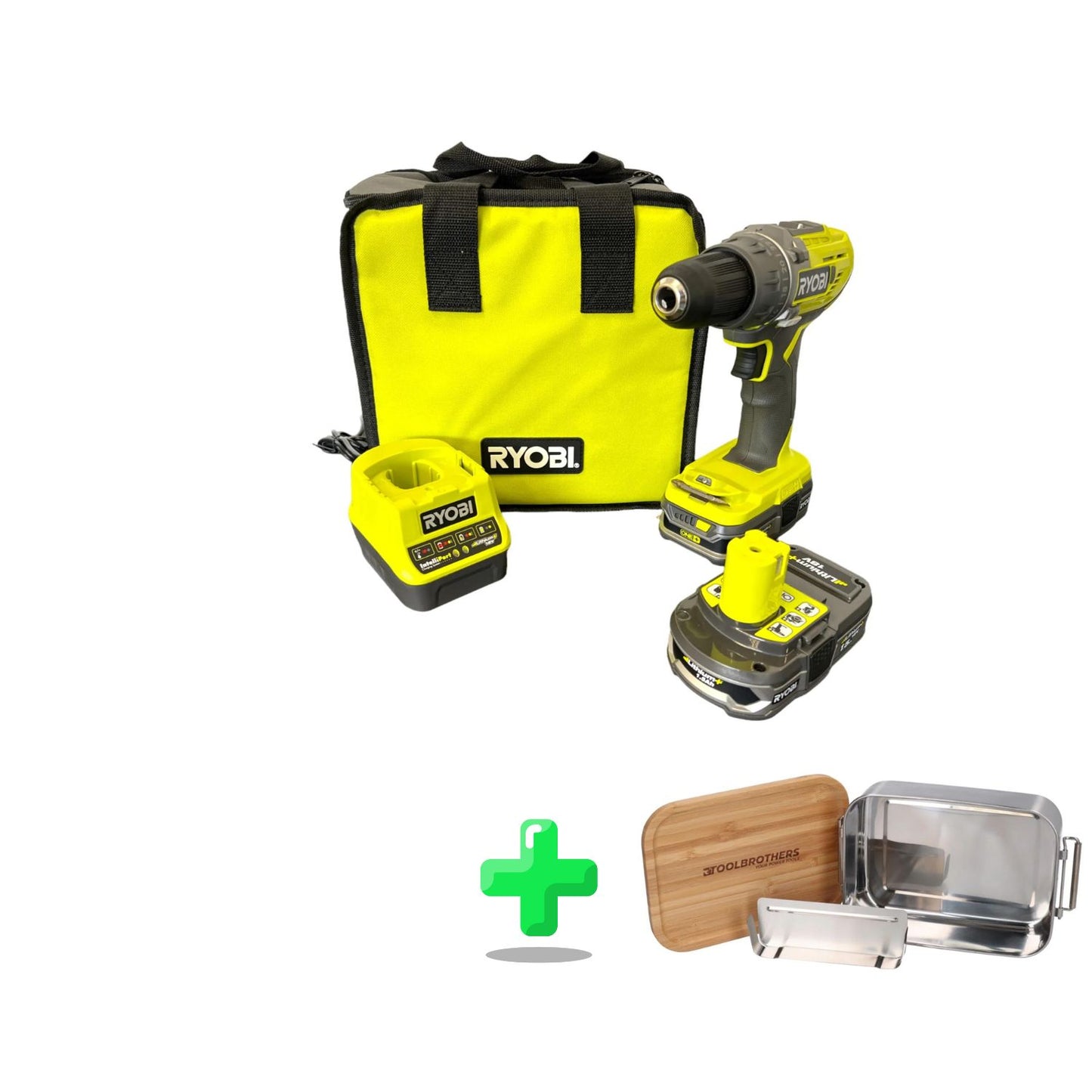 Perceuse-visseuse sans fil Ryobi R18DD3-215S 18 V 50 Nm (5133003774) + 2x batteries 1,5 Ah + chargeur + sac + ventilateur Toolbrothers boîte à lunch en acier inoxydable