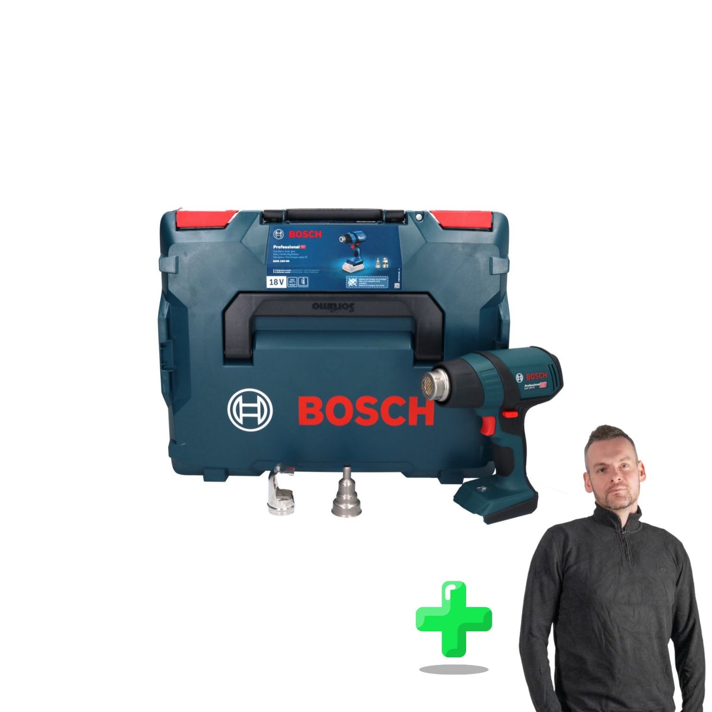 Bosch GHG 18V-50 Professional Akku Heissluftgebläse 18 V 300° C / 500° C + L-Boxx + Toolbrothers Quarter-Zip Sweatshirt