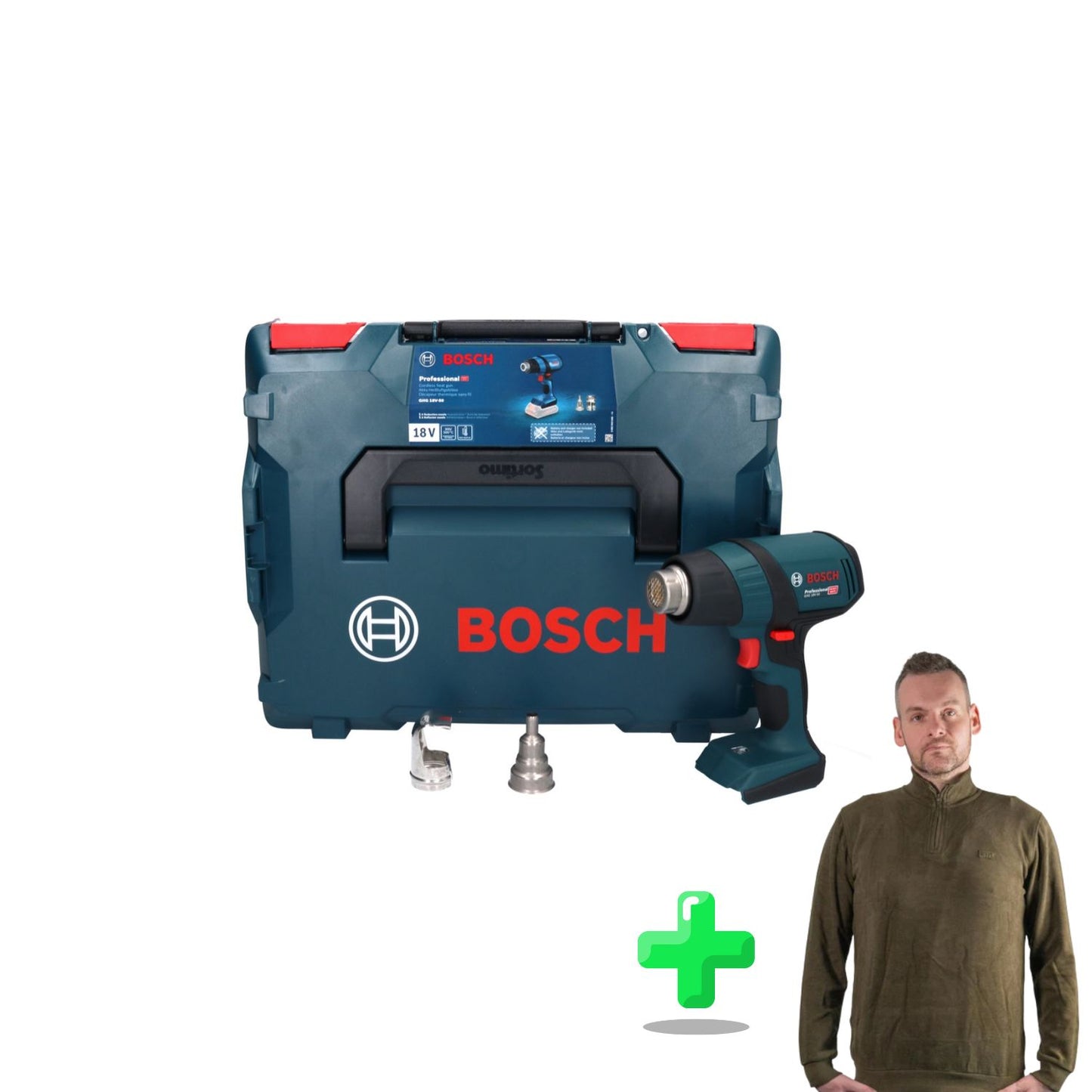 Bosch GHG 18V-50 Professional Akku Heissluftgebläse 18 V 300° C / 500° C + L-Boxx + Toolbrothers Quarter-Zip Sweatshirt