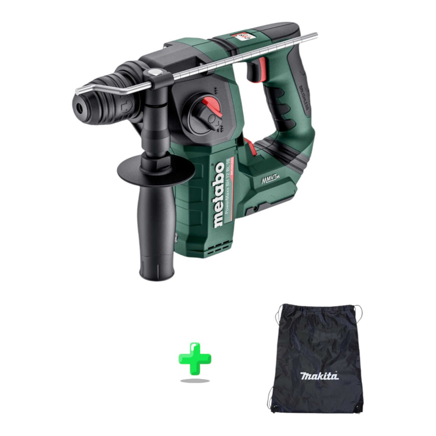 Marteau perforateur sans fil Metabo PowerMaxx BH 12 BL 16 12 V 1,3 J SDS-Plus Brushless + étui (600207860) + sac à dos / sac d'accessoires Makita