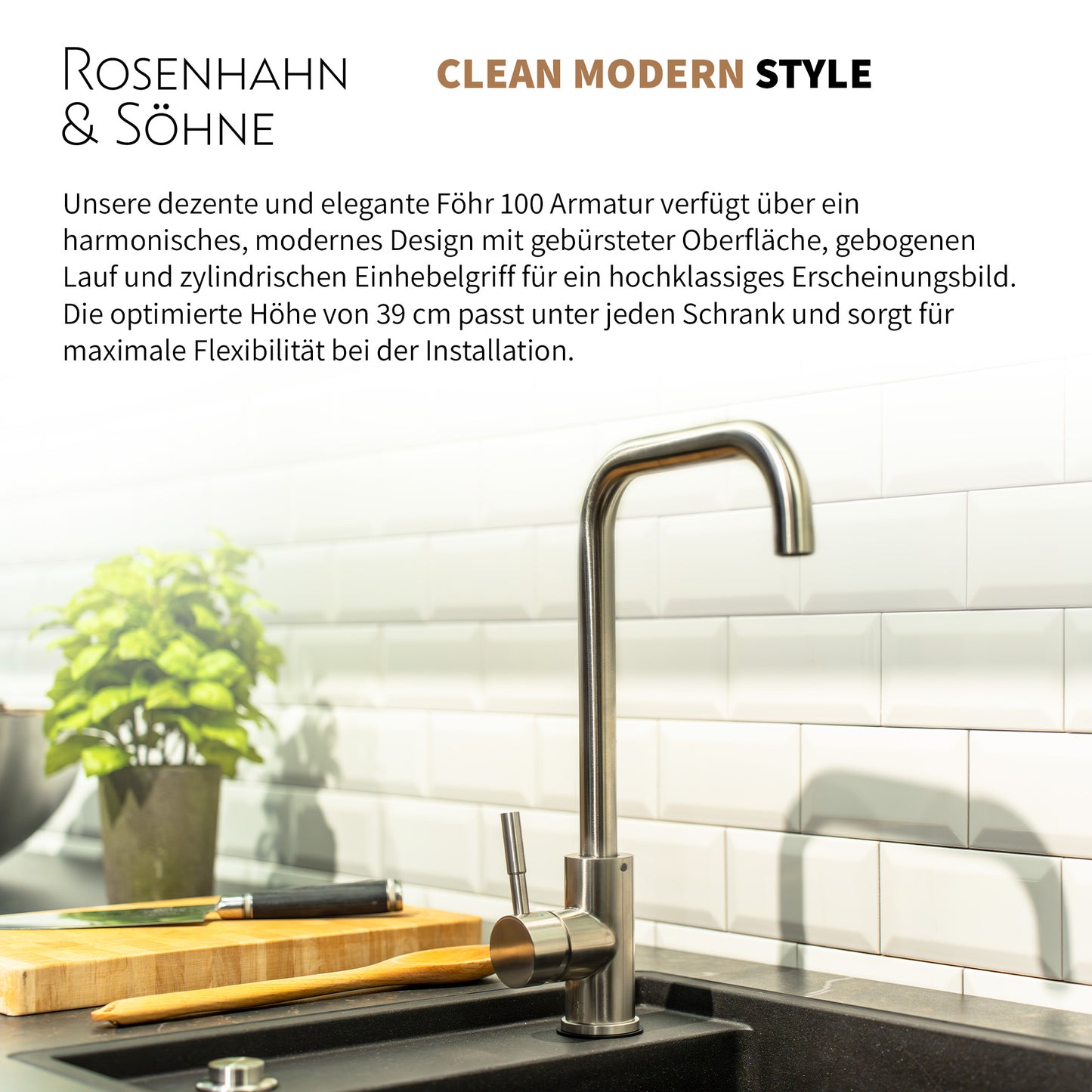 Rosenhahn & Söhne Föhr 100 Küchenarmatur 360° drehbarer Wasserhahn Küche - Armatur Küche [gebürsteter Edelstahl] - 2-fach verstellbare Spültischarmatur + Anschlussschläuche - Toolbrothers