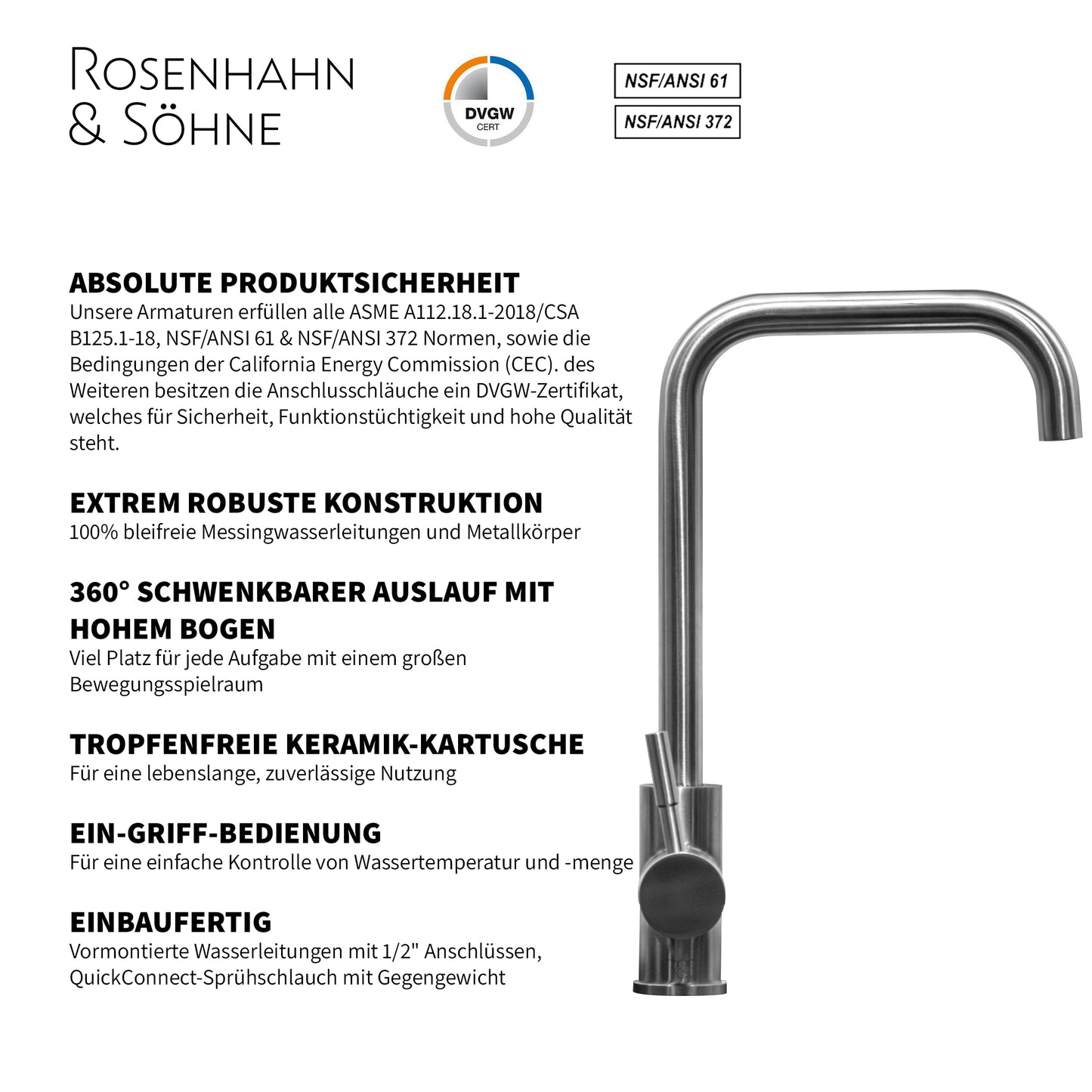 Rosenhahn & Söhne Föhr 100 Küchenarmatur 360° drehbarer Wasserhahn Küche - Armatur Küche [gebürsteter Edelstahl] - 2-fach verstellbare Spültischarmatur + Anschlussschläuche - Toolbrothers