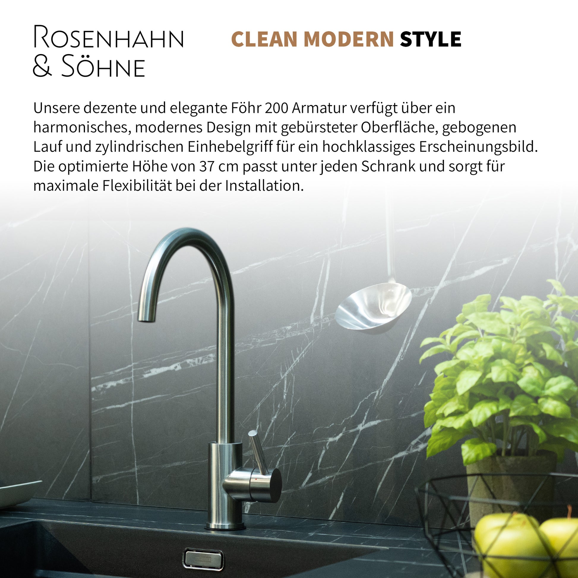 Rosenhahn & Söhne Föhr 200 Küchenarmatur 360° drehbarer Wasserhahn Küche - Armatur Küche [gebürsteter Edelstahl] - 2-fach verstellbare Spültischarmatur + Anschlussschläuche - Toolbrothers