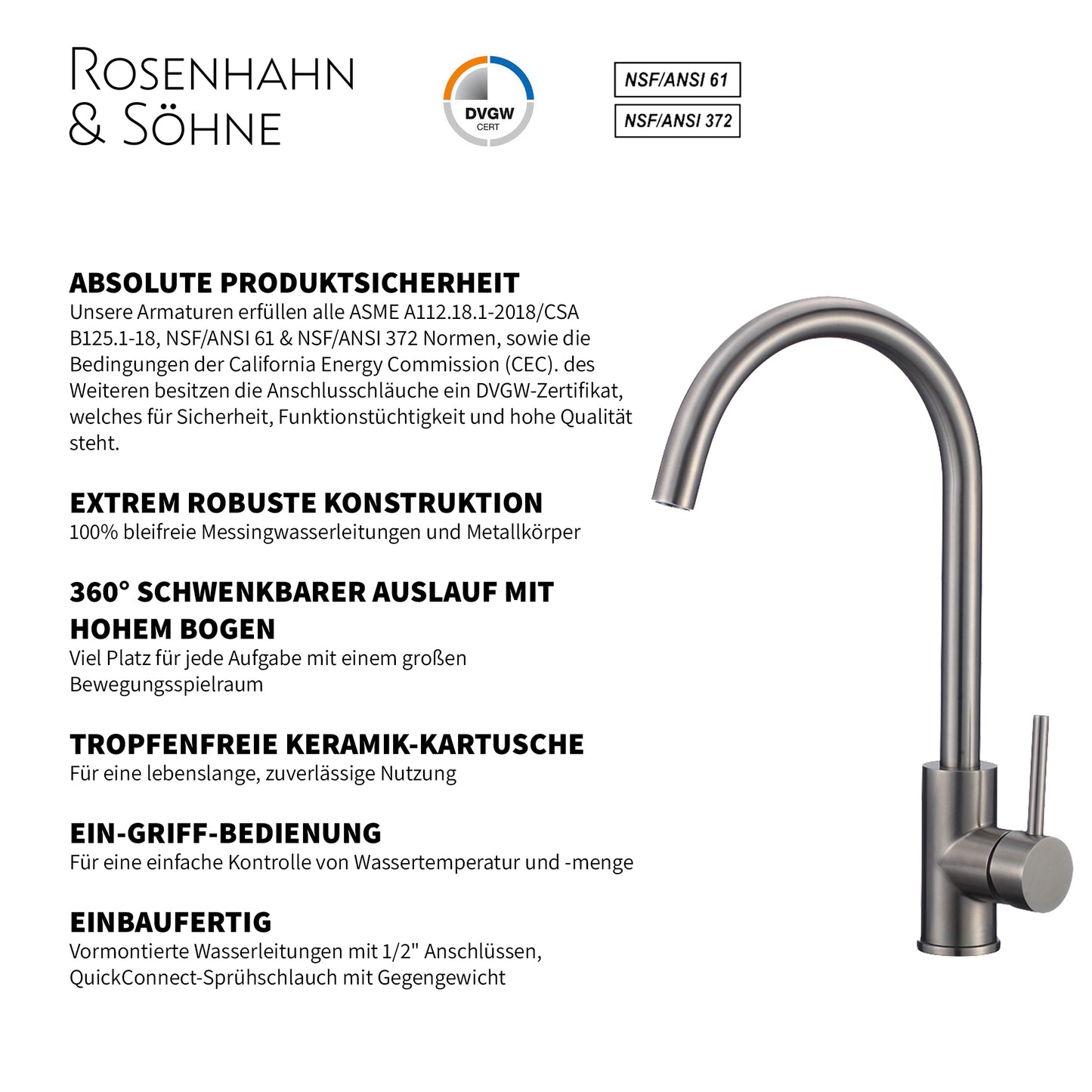 Rosenhahn & Söhne Föhr 200 Küchenarmatur 360° drehbarer Wasserhahn Küche - Armatur Küche [gebürsteter Edelstahl] - 2-fach verstellbare Spültischarmatur + Anschlussschläuche - Toolbrothers