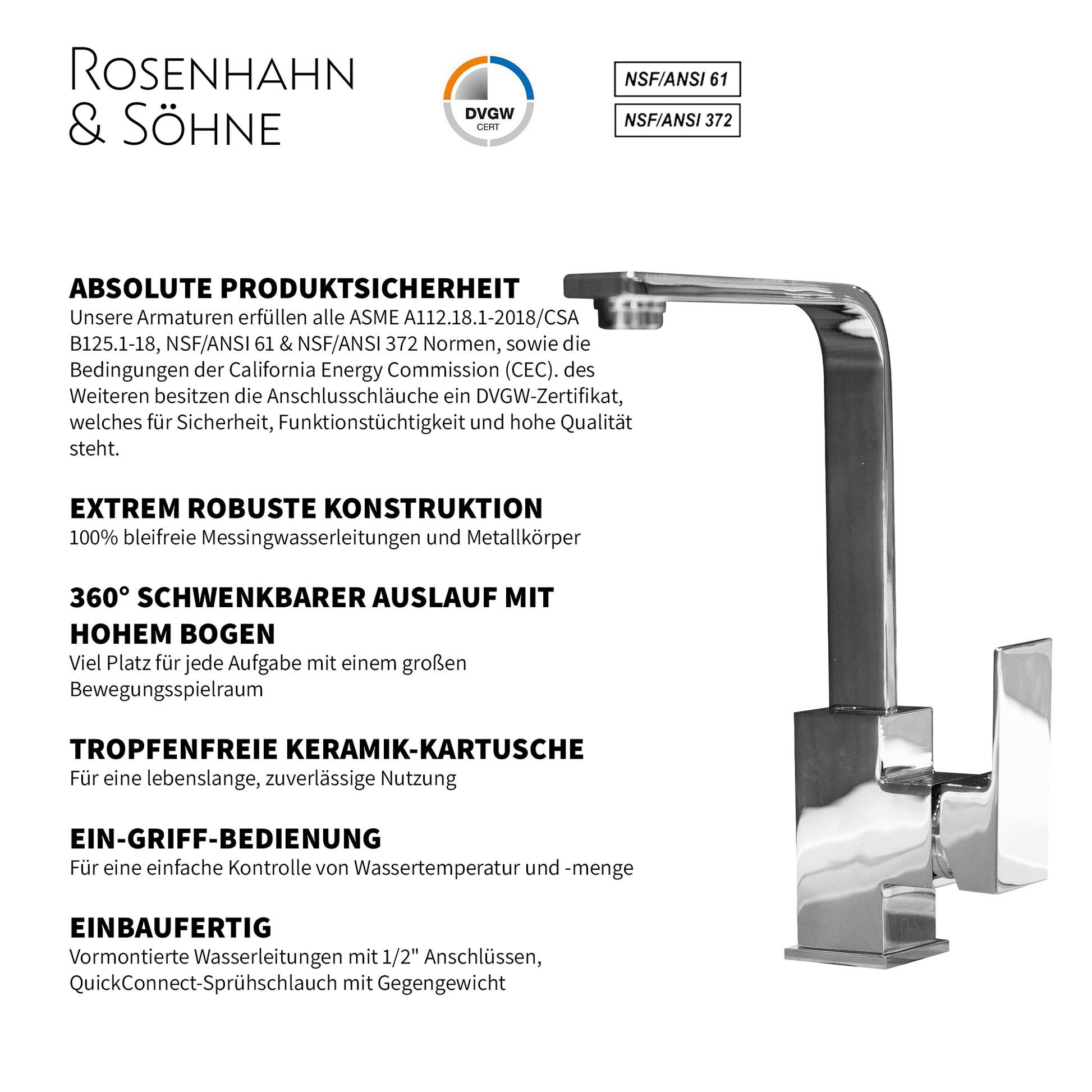 Rosenhahn & Söhne Juist 100 Küchenarmatur 360° Drehbarer Wasserhahn Küche - Armatur Küche [Chrom] - 2-fach verstellbare Spültischarmatur + Anschlussschläuche - Toolbrothers