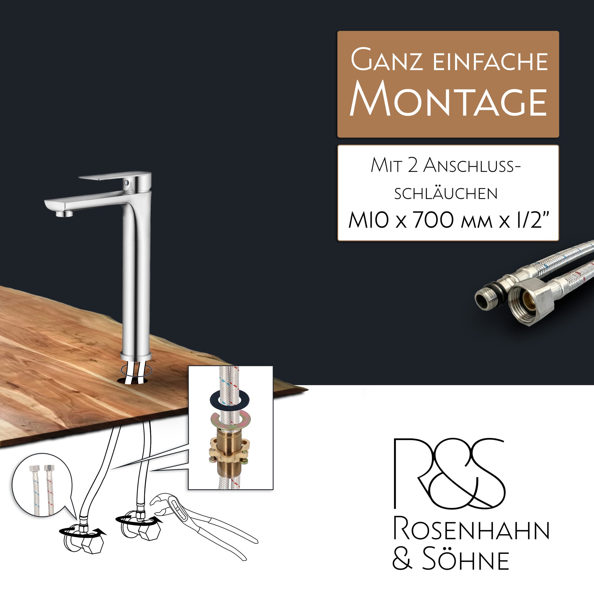 Rosenhahn & Söhne Poel L Design Badarmatur Wasserhahn Badezimmer - Armatur Bad [Chrom] - Heiß + Kalt Waschtischarmatur + Anschlussschläuche - Toolbrothers