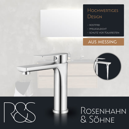 Rosenhahn & Söhne Poel M Design Badarmatur Wasserhahn Badezimmer - Armatur Bad [Chrom] - Heiß + Kalt Waschtischarmatur + Anschlussschläuche - Toolbrothers