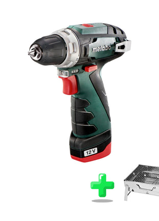 Taladro atornillador a batería Metabo PowerMaxx BS Basic 12 V 34 Nm (600984500) + 2x baterías 2,0 Ah + cargador + maletín + parrilla de carbón para exterior Toolbrothers