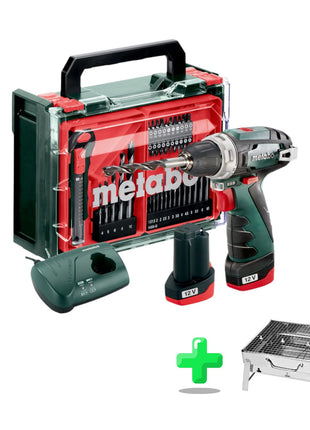 Metabo Powermaxx BS Basic Set taladro atornillador inalámbrico 12 V 34 Nm (600080710) + 2 baterías 2,0 Ah + cargador + set de accesorios 41 piezas + maletín + parrilla de carbón para exterior Toolbrothers