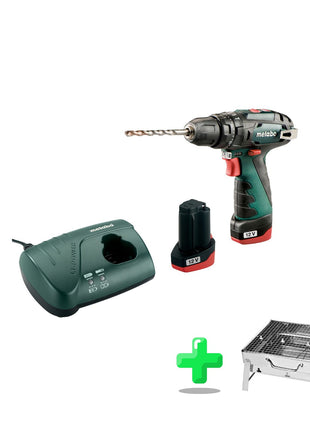 Taladro percutor a batería Metabo PowerMaxx SB Basic 12 V 34 Nm (600385500) + 2x baterías 2,0 Ah + cargador + maletín + parrilla de carbón para exterior Toolbrothers