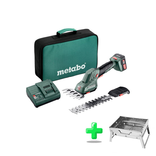 Cisaille à gazon et arbustes sans fil Metabo PowerMaxx SGS 12 Q 12 V (601608500) + 1x batterie 2,0 Ah + chargeur + sac + barbecue au charbon d'extérieur Toolbrothers