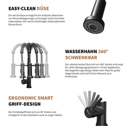 Rosenhahn & Söhne Sylt 200 Küchenarmatur mit Brause- 360° drehbarer Wasserhahn Küche - Armatur Küche [schwarz] - 2-fach verstellbare Spültischarmatur - Brause & Strahl - Anschlussschläuche - Toolbrothers