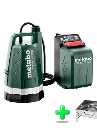 Bomba sumergible a batería Metabo TPF 18 LTX 7000 18 V 7000 l/h 0,9 bar (601748850) + accesorios + Parrilla de carbón exterior Toolbrothers