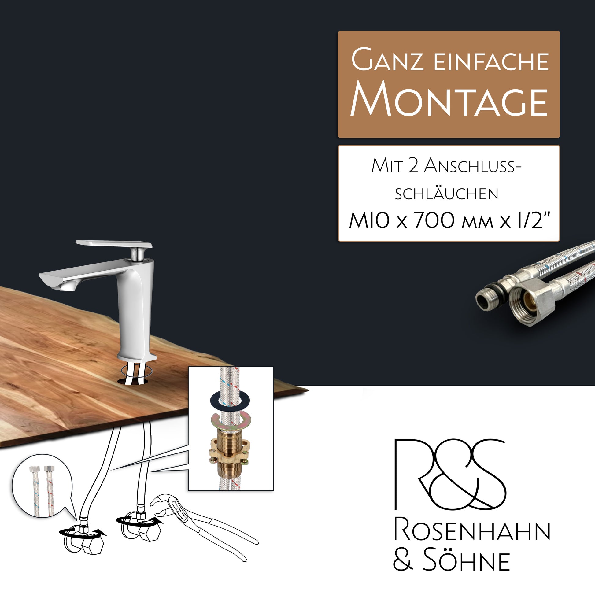 Rosenhahn & Söhne Vilm M Design Badarmatur Wasserhahn Badezimmer - Armatur Bad [Chrom] - Heiß + Kalt Waschtischarmatur + Anschlussschläuche - Toolbrothers