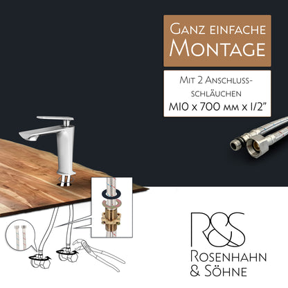 Rosenhahn & Söhne Vilm M Design Badarmatur Wasserhahn Badezimmer - Armatur Bad [Chrom] - Heiß + Kalt Waschtischarmatur + Anschlussschläuche - Toolbrothers